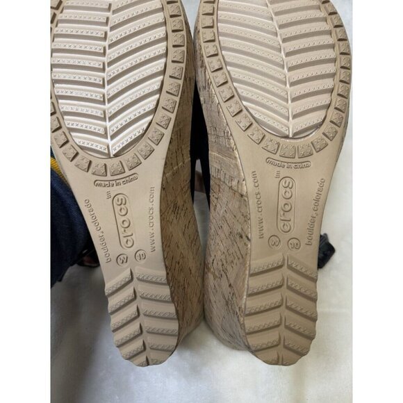 CROCS A-Leigh Black Leather Slingback Strap Cork Wedge Sandals Size 10 - Picture 9 of 12